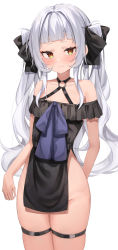 1girl absurdres bare_shoulders blush bottomless bow collarbone dress frills grey_hair hair_bow highres hololive loli long_hair mizuongaku murasaki_shion bad_tag short_eyebrows simple_background solo thigh_strap thighs twintails very_long_hair virtual_youtuber white_background yellow_eyes
