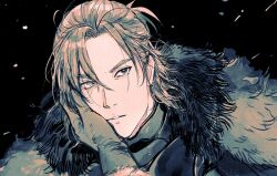 2boys armor black_armor black_background black_fur blonde_hair blue_eyes breastplate breeze_paro commentary curtained_hair dimitri_alexandre_blaiddyd dimitri_alexandre_blaiddyd_(timeskip) felix_hugo_fraldarius felix_hugo_fraldarius_(timeskip) fire_emblem fire_emblem:_three_houses fur-trimmed_gloves fur_trim gloves grey_fur hair_behind_ear hand_on_another&#039;s_face hashtag-only_commentary heterochromia highres looking_at_another male_focus multiple_boys nintendo no_eyepatch out_of_frame solo_focus upper_body white_eyes