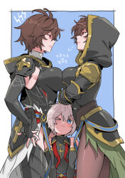 &gt;_o 1boy 2girls age_difference aged_down ahoge alternate_costume alternate_form armor armpits bare_shoulders belt blue_background blue_eyes blush breast_press breasts brown_hair cape clenched_teeth commentary commentary_request competition cowboy_shot crossed_arms evil_smile fingerless_gloves from_side genderswap genderswap_(mtf) gloves granblue_fantasy green_cape hair_between_eyes hand_on_own_hip hetero highres hood hood_down hood_up large_breasts leotard lucifer_(shingeki_no_bahamut) multiple_girls one_eye_closed onee-shota pantyhose red_eyes sandalphon_(granblue_fantasy) short_hair shoulder_armor smile sweatdrop symmetrical_docking teeth tekki_(tki) tight_clothes translation_request turtleneck white_hair