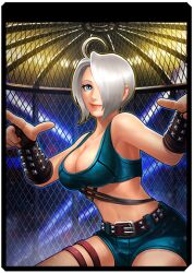 1girl angel_(kof) blue_eyes breasts cleavage curvy denim female_focus gloves hair_over_one_eye hands_up huge_breasts jeans jewelry large_breasts leather one_eye_covered pale_skin pants ring short_hair shorts smile smiley_face stage stage_lights standing tank_top the_king_of_fighters thick_thighs thighs white_hair wide_hips