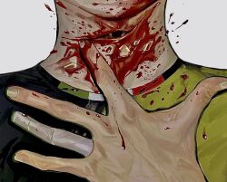 Rule 34 | 1other, bandaged fingers, bandages, bleeding, blood, blood on clothes, blood on face, blood on hands, blood splatter, exposed bone, head out of frame, highres, imminent death, injury, multicolored shirt, original, recosks, slit throat, spread fingers, upper body