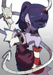 1girl character_name colored_skin cowboy_shot detach_collar detached_sleeves dress english_text gazacy_(dai) gradient_background grey_background hair_over_one_eye leviathan_(skullgirls) looking_at_viewer purple_hair purple_skin red_eyes side_ponytail skullgirls smile solo squigly_(skullgirls) stitched_mouth stitches striped_sleeves zombie