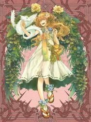 1girl :d angora_hamasaki ankle_flower arch bag blonde_hair blue_flower bow brown_background dairoku_ryouhei dragon dress dress_flower floral_arch flower full_body hair_between_eyes hair_flower hair_ornament hand_up herb herb_bundle leaf long_hair looking_at_viewer small_dragon open_mouth orange_bow orange_eyes orange_flower plant ribbon-trimmed_dress ribbon_trim sandals shoulder_bag sleeveless sleeveless_dress smile socks solo standing tabi teeth upper_teeth_only waist_bow white_dress white_flower white_socks yellow_flower zouri