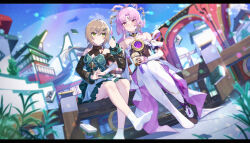 2girls absurdres bare_shoulders blush bow-shaped_hair closed_mouth detached_sleeves dress food forehead_jewel fu_xuan_(honkai:_star_rail) geez hair_ornament hair_rings hair_stick highres holding_hands honkai:_star_rail honkai_(series) ice_cream layered_skirt long_hair multiple_girls outdoors pantyhose parted_bangs pink_hair purple_rope qingque_(honkai:_star_rail) rope sitting skirt soles tassel tassel_hair_ornament twintails white_pantyhose yellow_eyes