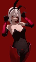 1girl absurdres anemoneeanemone animal_ear_hairband animal_ears bare_shoulders black_hairband black_leotard breasts character_request cleavage collarbone commentary copyright_request english_commentary fake_animal_ears hair_between_eyes hairband hands_up highres large_breasts leotard looking_at_viewer mechanical_arms parted_lips playboy_bunny rabbit_ears rabbit_pose red_background red_eyes short_hair simple_background smile solo strapless strapless_leotard white_hair