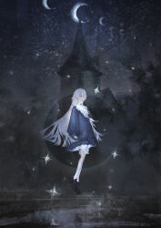 1girl absurdres black_shoes blue_dress collared_dress commentary crescent_moon dress expressionless floating frilled_dress frills full_body grey_hair highres kneehighs loafers long_hair long_sleeves looking_ahead moon multiple_moons night night_sky original outdoors shoes sky socks solo star_(sky) star_(symbol) starry_sky tower very_long_hair white_socks yuzu_(yuzusuke10)