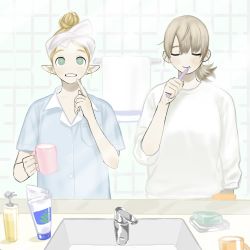 2girls bad_id bad_twitter_id blonde_hair brushing_teeth closed_eyes contemporary cup dungeon_meshi elf falin_touden falin_touden_(tallman) frs2 green_eyes hair_bun highres holding holding_cup holding_toothbrush marcille_donato mirror multiple_girls pointy_ears ponytail reflection shirt single_hair_bun sink slice_of_life soap sweater tile_wall tiles toothbrush toothbrush_in_mouth toothpaste towel
