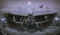 1girl absurdres anchor backlighting beach bird black_boots black_coat black_hair black_socks boat boots coat coat_on_shoulders fog green_eyes hat highres lighthouse murasa_minamitsu ocean outdoors painterly panorama sailor_hat seagull shirt short_hair short_sleeves shorts sitting socks solo touhou watercraft white_hat white_shirt white_shorts yuhel