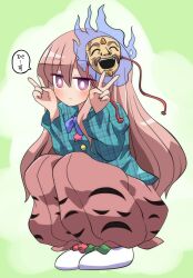 1girl blue_bow blue_bowtie blue_shirt blush bow bowtie bright_pupils buttons closed_mouth collared_shirt commentary_request double_v expressionless footwear_bow full_body green_bow hair_between_eyes hands_up hata_no_kokoro highres long_hair long_sleeves mask mask_on_head noh_mask okina_mask orange_skirt pink_eyes pink_hair plaid_clothes plaid_shirt red_bow rokugou_daisuke shirt shoes signature skirt solo speech_bubble squatting touhou translated v white_shoes