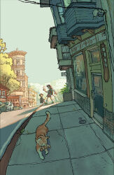 1other 2girls ^^^ blurry british_shorthair building cafe car cat crack cracked_floor croissant depth_of_field food forced_perspective fruiitlins morning motor_vehicle multiple_girls original outdoors plant potted_plant road scenery school_uniform sidewalk street tile_floor tiles translation_request tree walking waving
