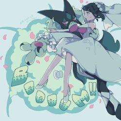 Rule 34 | 1girl, alternate costume, bare shoulders, black hair, blue eyes, blue hair, blush, bridal veil, carrying, colored inner hair, colored smoke, dress, explosion, explosion background, falling petals, frills, gloves, hair ornament, hairclip, hat, high heels, hurousya 95, liko (pokemon), looking at another, meowscarada, multicolored hair, nintendo, open mouth, petals, pixelated, pokemon, pokemon (anime), pokemon (creature), pokemon horizons, princess carry, shoes, smoke, sound effects, sweatdrop, top hat, two-tone hair, veil, wedding dress, white hat, white shoes