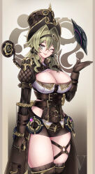 1girl :d absurdres breasts brown_eyes brown_gloves brown_hair brown_jacket brown_shorts cleavage commentary english_commentary gloves headband highres honkai_(series) honkai_impact_3rd jacket large_breasts long_hair looking_at_viewer mea_(manami030) multicolored_hair one_eye_closed open_mouth revision shorts smile solo two-tone_hair vill-v