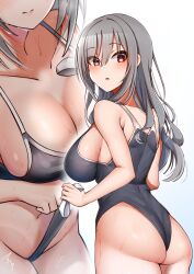 1girl absurdres ass bare_shoulders blush breasts cleavage collarbone frontal_wedgie grey_hair highleg highleg_one-piece_swimsuit highres idolmaster idolmaster_cinderella_girls kanzaki_ranko large_breasts long_hair mabanna navel one-piece_swimsuit red_eyes school_swimsuit sideboob signature solo swimsuit thighs unworn_swim_cap wedgie wet white_swimcap