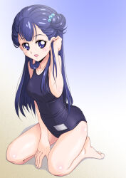 1girl amraam120c barefoot black_one-piece_swimsuit blue_eyes blue_hair full_body gradient_background hair_bun hugtto!_precure long_hair looking_at_viewer one-piece_swimsuit pearl_hair_ornament precure school_swimsuit shiny_skin side_up_bun single_hair_bun sitting smile solo swimsuit thighs tucking_hair yakushiji_saaya