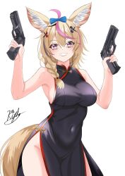 Rule 34 | 1girl, animal ears, bare shoulders, beretta 92, beretta px4, black dress, blonde hair, breasts, club (shape), cowboy shot, dress, dual wielding, fox ears, fox girl, fox tail, gun, handgun, heart, highres, holding, holding gun, holding weapon, hololive, medium breasts, omaru polka, purple eyes, rijeka1918, sideboob, signature, simple background, solo, spade (shape), tail, trigger discipline, virtual youtuber, weapon, white background