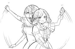2girls :d back-to-back bow braid breasts ceras_yanagida_lilienfeld closed_mouth elbow_gloves flower_hairband frilled_sleeves frills gloves greyscale hair_bow hair_ribbon highres icegreentea29 izayoi_selene katsuragi_izumi large_breasts link!_like!_love_live! love_live! monochrome multiple_girls official_alternate_costume open_mouth profile ribbon short_sleeves shrug_(clothing) side_braids simple_background smile swinging_arms upper_body v-shaped_eyebrows virtual_youtuber white_background