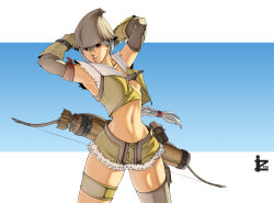 1girl arrow_(projectile) bow_(weapon) braid breasts elbow_gloves female_focus gloves hat highres irving-zero long_hair midriff navel pouch quiver ragnarok_online red_eyes short_shorts shorts silver_hair single_braid single_thighhigh sniper_(ragnarok_online) solo thigh_strap thighhighs weapon