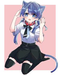 Rule 34 | 1girl, animal collar, animal ears, black bow, black bowtie, black skirt, black thighhighs, blue eyes, blue hair, blue ribbon, blush, border, bow, bowtie, cat ears, cat girl, cat tail, collar, collared shirt, commentary request, full body, hair intakes, hair ribbon, highres, kanduki kamibukuro, kemonomimi mode, link! like! love live!, long hair, love live!, low twintails, miniskirt, murano sayaka, murano sayaka (summer casual), no shoes, official alternate costume, open mouth, outside border, pink background, pleated skirt, raised inner eyebrows, red collar, ribbon, shirt, short sleeves, simple background, sitting, skirt, solo, sweatdrop, tail, thighhighs, twintails, virtual youtuber, wariza, white border, white shirt, zettai ryouiki