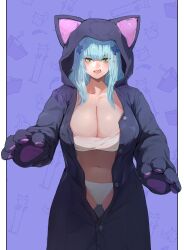 1girl absurdres alternate_costume black_pajamas blue_hair blush bra breasts cat cat_pajamas cleavage commentary cowboy_shot cross_hair_ornament english_commentary girls&#039;_frontline green_hair hair_ornament hands_up highres hk416_(girls&#039;_frontline) i_bucket large_breasts long_hair open_mouth pajamas panties purple_background simple_background solo straight-on tattoo teardrop_facial_mark teardrop_tattoo two-tone_background underwear white_background white_bra white_panties