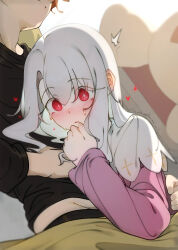 1boy 1girl absurdres bed_sheet black_shirt blush breasts deko_morii emiya_shirou fate/hollow_ataraxia fate_(series) highres illyasviel_von_einzbern long_hair long_sleeves lying orange_hair pink_shirt red_eyes shirt short_hair sidelocks sleeping small_breasts white_hair