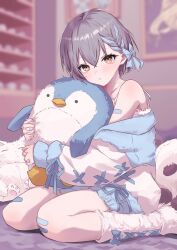1girl bandaid bandaid_on_arm bandaid_on_knee bandaid_on_leg bang_dream! bang_dream!_it&#039;s_mygo!!!!! bare_shoulders black_hair blue_jacket blue_ribbon blue_shorts blurry blurry_background bow braid braided_bangs brown_eyes camisole collarbone commentary_request cross-laced_clothes cross-laced_jacket cross-laced_sleeves crossed_bangs foot_out_of_frame fur_socks hair_between_eyes hair_bow hair_ribbon hands_up highres holding holding_stuffed_toy houji_tea_latte hugging_doll hugging_object indoors jacket kneehighs light_blush long_sleeves looking_at_viewer multicolored_jacket no_shoes off_shoulder official_alternate_costume official_alternate_hairstyle on_floor parted_lips picture_frame ribbon ribbon_braid shelf short_hair shorts single_braid sitting sleeves_past_wrists socks solo stuffed_animal stuffed_cat stuffed_panda stuffed_penguin stuffed_toy takamatsu_tomori two-tone_jacket wariza white_camisole white_jacket white_socks