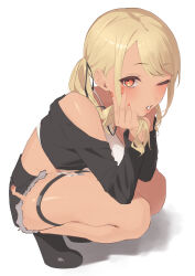 1girl absurdres black_jacket black_shoes blonde_hair cropped_jacket gyaru head_rest highres jacket kaminari_qpi kaminari_qpi_(3rd_costume) komito_(komito5310) looking_at_viewer nail_polish one_eye_closed orange_eyes orange_nails parted_lips shoes short_shorts shorts side_slit side_slit_shorts simple_background solo squatting swept_bangs tank_top thigh_strap twintails v virtual_youtuber vspo! white_background white_tank_top