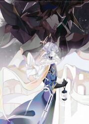 1boy absurdres anar_9158 blue_coat coat from_side hair_between_eyes halo halo_behind_head hashtag-only_commentary head_wings highres holding holding_lantern honkai:_star_rail honkai_(series) lantern looking_at_viewer male_focus medium_hair septimus_(honkai:_star_rail) solo_focus spiked_halo sunday_(honkai:_star_rail) white_hair wings yellow_eyes