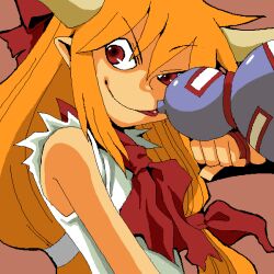 1girl :p bow bowtie brown_background brown_horns closed_mouth commentary_request gourd hair_bow holding horns ibuki_suika long_hair looking_at_viewer onikobe_rin orange_hair pointy_ears red_bow red_bowtie red_eyes shirt simple_background sleeveless sleeveless_shirt smile solo tongue tongue_out touhou upper_body v-shaped_eyebrows white_shirt