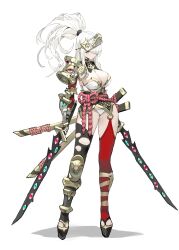 1girl absurdres armor arowana2111 asymmetrical_legwear bikini bikini_bottom_only black_shoes black_thighhighs blue_eyes breasts cleavage commentary cropped_shirt english_commentary expressionless fingerless_gloves gloves hair_over_one_eye highres holding holding_sword holding_weapon katana leotard looking_at_viewer mismatched_legwear original pauldrons ponytail red_thighhighs scabbard sheath shirt shoes shoulder_armor solo swimsuit sword thighhighs torn_clothes torn_thighhighs vambraces weapon white_hair white_leotard white_shirt