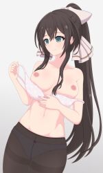1girl absurdres aqua_eyes assault_lily bare_arms bare_shoulders black_pantyhose bow bow_panties bra bra_pull breasts breasts_apart brown_bow brown_hair closed_mouth clothes_pull collarbone commentary cowboy_shot floral_print frilled_skirt frills gradient_background grey_background hair_between_eyes hair_bow hands_up haniwa_(kiminozorazio) high_ponytail highres holding holding_bra holding_unworn_clothes holding_underwear holding_unworn_clothes light_blush long_hair long_sleeves looking_ahead medium_breasts navel nipples open_clothes open_shirt panties panties_under_pantyhose pantyhose pink_bow pink_bra ponytail print_bra pulling_own_clothes serizawa_chikaru sidelocks skirt smile solo standing stomach strap_slip thighband_pantyhose underwear underwear_only undressing very_long_hair