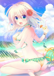1girl ass bag beach bikini bird blonde_hair blow blue_eyes blush bracelet breasts cloud day drinking_straw fang female_focus flower food frills fruit gradient_eyes green_eyes hair_flower hair_ornament hanpen_(hannpenn2) hibiscus highres jewelry juice kneeling medium_breasts multicolored_eyes ocean orange_(fruit) orange_slice original outdoors purple_eyes short_hair sideboob sitting solo star_(symbol) sunlight swimsuit wardrobe_malfunction water zipper