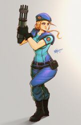 Rule 34 | 1girl, absurdres, arm mounted weapon, belt, beret, black boots, black gloves, blonde hair, blue eyes, blue hat, blue pants, blue shirt, boots, cosplay, danderfull, fingerless gloves, gloves, grey background, gun, hat, highres, jill valentine, jill valentine (cosplay), metroid, nintendo, pants, resident evil, samus aran, shirt, shoulder pads, signature, simple background, weapon