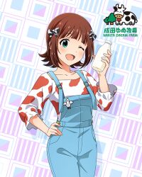 1girl amami_haruka bird bottle bow brown_hair card_(medium) cow english_text green_eyes hand_on_own_hip holding idolmaster idolmaster_million_live! idolmaster_million_live!_theater_days japanese_text milk_bottle official_art one_eye_closed open_mouth overalls shirt solo t-shirt tree