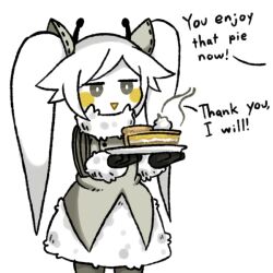 Rule 34 | 1girl, antenna hair, artist request, black gloves, blush stickers, coat, cream, creamil (funamusea), english text, food, funamusea, fur-trimmed coat, fur trim, gloves, holding, holding plate, jitome, long hair, oounabara to wadanohara, open mouth, pie, pie slice, plate, simple background, solo, source request, steam, triangle mouth, twintails, white background, white hair