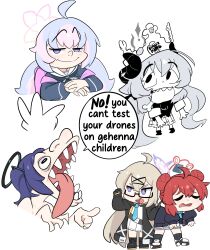 5girls :d absurdres ahoge black-framed_eyewear black_boots black_cardigan black_coat black_halo black_shoes black_socks blonde_hair blue_archive blue_necktie boots burger_king burger_king_crown cardigan chibi chigyudoomer closed_eyes coat commentary crown d: demon_girl demon_horns double_bun english_commentary english_text glasses hair_bun halo hand_up highres horns junko_(blue_archive) kotama_(blue_archive) long_hair maki_(blue_archive) miniskirt multicolored_hair multiple_girls necktie open_clothes open_coat open_mouth pink_hair pleated_skirt purple_eyes purple_hair purple_halo red_hair red_halo reisa_(blue_archive) semi-rimless_eyewear sharp_teeth shirt shoes simple_background skirt smile sneakers socks teeth tongue tongue_out two-tone_hair two_side_up under-rim_eyewear white_background white_shirt white_skirt yuuka_(blue_archive)