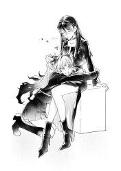 2girls amemiya_darumi bad_tag black_bow black_skirt boots bow closed_eyes collar collarbone ear_piercing earrings face_piercing female_focus full_body greyscale hair_bow heart high_heel_boots high_heels highres hug jewelry kneeling lip_piercing long_sleeves monochrome multiple_girls open_mouth piercing pleated_skirt shizuhara_hiruko simple_background skirt the_hundred_line_-last_defense_academy- twintails white_background yuri