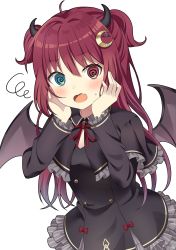 1girl @_@ ahoge black_dress blue_eyes blush capelet commentary cowboy_shot crescent crescent_hair_ornament demon_girl demon_horns demon_wings dress fang frills hair_ornament hands_on_own_face heterochromia highres horns long_hair long_sleeves nijisanji open_mouth red_eyes red_hair simple_background skin_fang sweatdrop two_side_up virtual_youtuber white_background wings yuusa yuzuki_roa