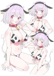 1girl animal_ears animal_print bell bikini blush breasts cow_ears cow_horns cow_print cow_print_bikini cowbell gridman_universe highres horns large_breasts looking_at_viewer neck_bell print_bikini purple_hair red_eyes shinjou_akane sho_(shoshos_8888) short_hair simple_background smile solo ssss.gridman swimsuit white_background