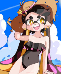 1girl bare_shoulders blue_sky breasts callie_(splatoon) cloud earrings hat hoshinokotta jewelry looking_to_the_side nintendo one-piece_swimsuit pointy_ears sky sleeveless splatoon_(series) swimsuit tentacle_hair twintails yellow_eyes