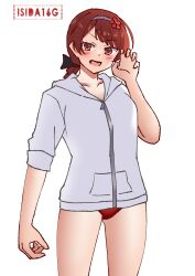 Rule 34 | 1girl, artist logo, bikini, bikini under clothes, braid, braided ponytail, commentary, cowboy shot, curled fingers, english commentary, fang, highres, hood, hooded jacket, ishida arata, jacket, kantai collection, logo, looking at viewer, low ponytail, nevada (kancolle), ponytail, red bikini, red eyes, red hair, simple background, single braid, solo, swimsuit, white background, white jacket