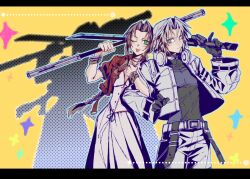 1boy 1girl aerith_gainsborough aqua_eyes bangle black_border black_gloves black_wetsuit blue_wetsuit border bracelet braid braided_ponytail choker closed_mouth coat cropped_coat cropped_jacket dress final_fantasy final_fantasy_vii final_fantasy_vii_ever_crisis final_fantasy_vii_rebirth final_fantasy_vii_remake flower_choker gloves green_eyes headphones highres jacket jewelry letterboxed light_blush locked_arms long_dress long_hair long_sleeves multicolored_wetsuit official_alternate_costume one_eye_closed open_mouth over_shoulder parted_bangs pink_dress red_jacket sephiroth sephiroth_(ever_crisis) sephiroth_(natant_jacket) short_hair short_sleeves sidelocks single_braid slit_pupils smile upper_body wavy_hair weapon weapon_over_shoulder white_coat yellow_background zdax20001212