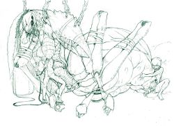 1girl 2boys ass bdsm bestiality bondage bound breasts bug chain claws cum cum_in_pussy dokumushi feet highres interspecies lactation mantis monochrome multiple_boys paizuri penis pincers sex simple_background size_difference sweat toes vaginal white_background
