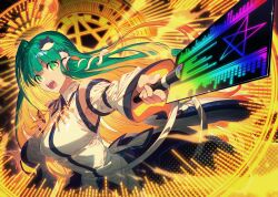 Rule 34 | 1girl, absurdres, armpits, bare shoulders, blue skirt, breasts, collared shirt, detached sleeves, frog hair ornament, gohei, gold necklace, green eyes, green hair, hair ornament, hair tubes, highres, holding, holding gohei, jewelry, kochiya sanae, large breasts, long hair, long sleeves, looking at viewer, necklace, open mouth, outstretched arm, reaching, reaching towards viewer, shirt, single hair tube, single sidelock, skirt, skirt set, sleeve ribbon, sleeveless, sleeveless shirt, snake hair ornament, solo, star (symbol), teeth, touhou, undefined fantastic object, upper body, wide sleeves, zounose
