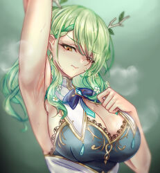 1girl absurdres antlers arm_up armpits bare_arms bow braid braided_bangs branch breasts brooch ceres_fauna ceres_fauna_(1st_costume) cleavage closed_mouth collar commentary earrings english_commentary eyelashes flower gradient_background green_background green_hair hair_branch hair_flower hair_ornament highres hololive hololive_english horns jewelry large_breasts light_frown lips long_hair looking_down mea_(manami030) mole mole_under_eye presenting_armpit sideboob simple_background steam steaming_body sweat upper_body virtual_youtuber yellow_eyes