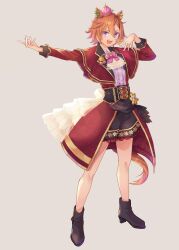 Rule 34 | 1girl, :d, absurdres, animal ear piercing, animal ears, black boots, black skirt, boots, bow, bowtie, cloak, commentary request, crown, frilled skirt, frills, full body, grey background, hand up, high heel boots, high heels, highres, horse ears, horse girl, horse tail, long sleeves, nnmkmwakaranai, open mouth, orange hair, outstretched arm, pink bow, pink bowtie, pink crown, purple eyes, red cloak, short hair, simple background, skirt, smile, solo, standing, t.m. opera o (racehorse), tail, umamusume