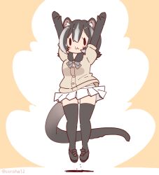 1girl animal_ears arms_up black_eyes black_hair bow bowtie brown_background coroha elbow_gloves extra_ears full_body gloves jumping kemono_friends kemono_friends_3 long_hair looking_at_viewer masked_palm_civet_(kemono_friends) shirt shoes simple_background skirt solo tail thighhighs