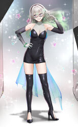 1girl absurdres anoreika_tomoe bare_shoulders black_boots black_dress black_gloves blue_eyes boots bracelet breasts commentary dress elbow_gloves english_commentary firefly_(honkai:_star_rail) firefly_(on_the_journey)_(honkai:_star_rail) footwear_cutout gloves gradient_hair green_hair green_pupils grey_hair hand_up high_heel_boots high_heels highres holding_hands honkai:_star_rail honkai_(series) jewelry large_breasts looking_at_viewer multicolored_hair official_alternate_costume smile solo sunglasses taut_clothes taut_dress thigh_boots thighs