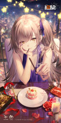 1girl absurdres artist_request box box_of_chocolates brown_hair cake chair chinese_commentary chocolate cityscape closed_mouth commentary_request company_logo copyright_logo cup dress flower food food_in_mouth girls&#039;_frontline girls&#039;_frontline_2:_exilium hair_ribbon hand_rest highres holding holding_food holding_pocky leva_(girls&#039;_frontline_2) long_hair looking_at_viewer official_alternate_costume official_art one_side_up plate pocky pocky_in_mouth purple_dress purple_nails purple_ribbon red_flower red_rose ribbon rose sitting smile solo table ump45_(diamond_flower)_(girls&#039;_frontline) ump45_(girls&#039;_frontline) yellow_eyes