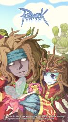 1girl 2boys blue_eyes blue_headband blue_skin bouquet closed_mouth colored_skin copyright_notice dress fairy fairy_wings feathers flower green_hair grey_skin hair_branch headband highres holding holding_bouquet logo long_sleeves looking_at_another multiple_boys neat_etorr official_art official_wallpaper pink_dress pink_flower ragnarok_online red_robe robe short_hair smile taruk upper_body wings yellow_flower