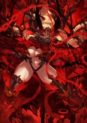 1girl abs armored_leotard barghest_(fate) barghest_(third_ascension)_(fate) black_boots black_gauntlets black_horns black_leotard black_sclera black_thighhighs blonde_hair boots breasts chain cleavage cleavage_cutout clenched_teeth clothing_cutout colored_sclera dynamic_pose exoskeleton fairy_sword_galatine fate/grand_order fate_(series) floating_hair game_cg gluteal_fold green_eyes heterochromia holding holding_sword holding_weapon horns huge_weapon legs_apart leotard long_hair looking_at_viewer melon22 navel navel_cutout official_art outstretched_arms red_background red_eyes red_theme solo sword teeth thigh_boots thighhighs third-party_source waist_cape weapon
